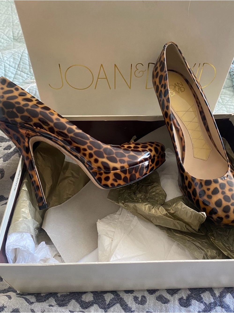 Joan & David Leopard Patent Pump - Tan and Black